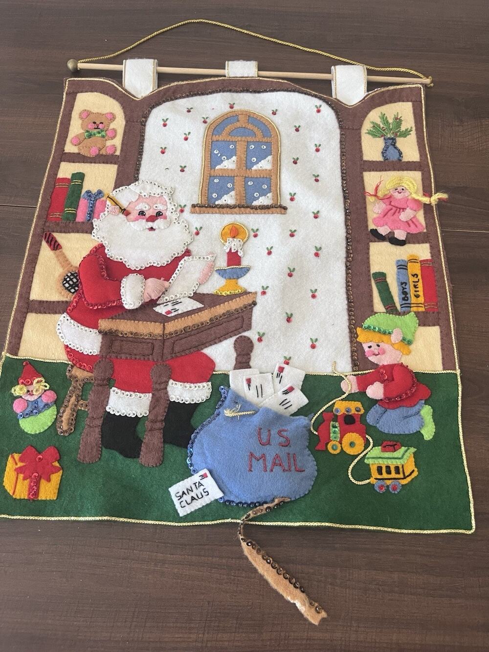 VTG MCM Bucilla Christmas Wall Hanging Sequins Felt Santa Letters Need Minor Fix
